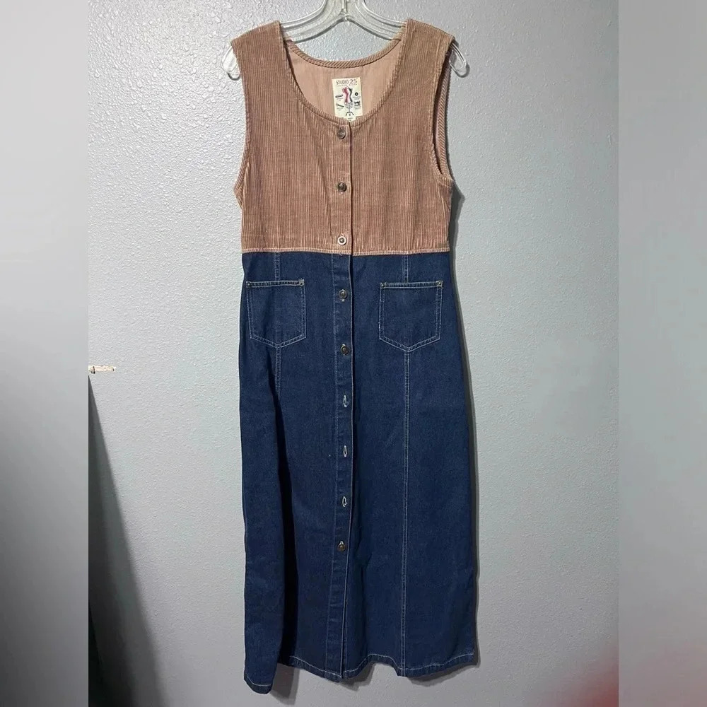 NWOT Vintage Studio 25 Corduroy/Denim Sleeveless Dress Sz M 100% Cotton Buttons
